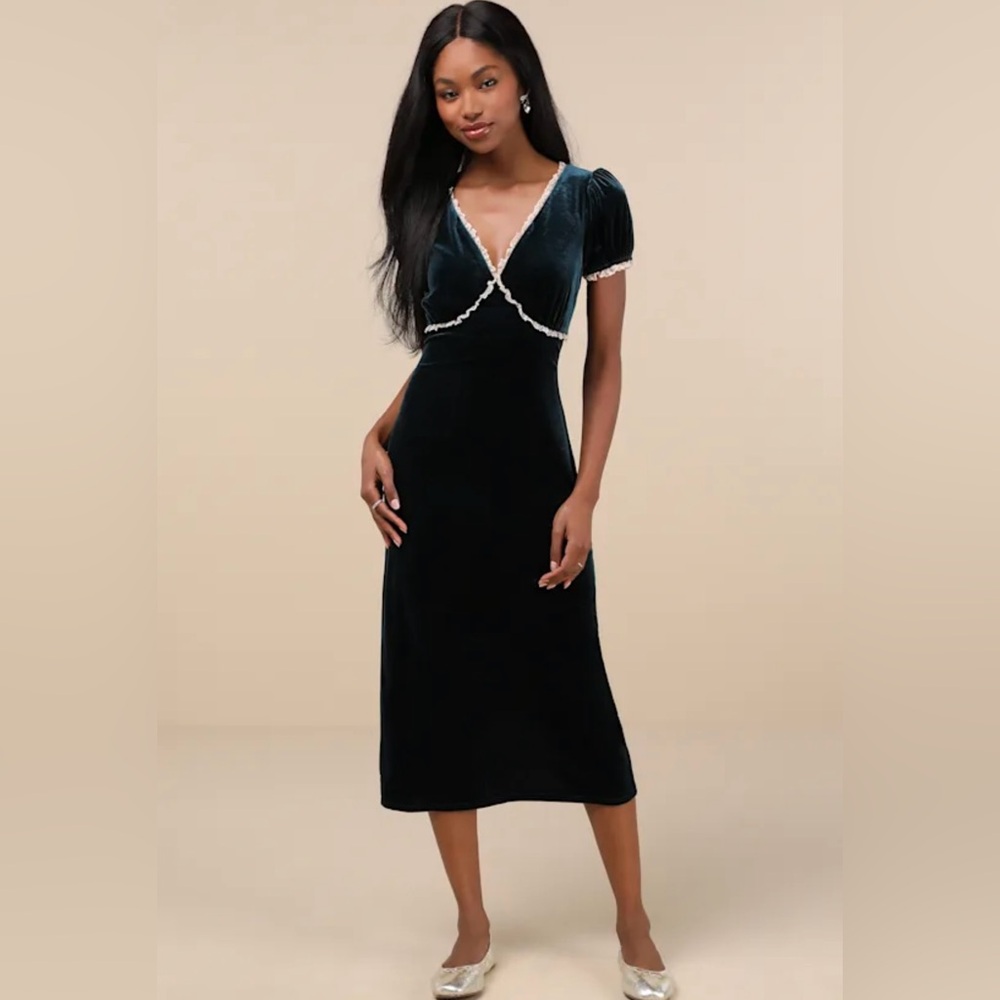 Lulus Dark Teal Velvet Dress with Puff Sleeves, Small, Never Worn